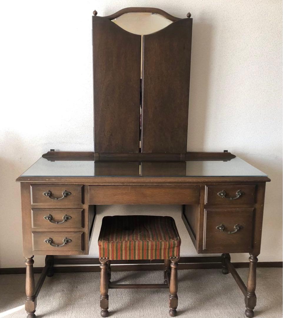 三面鏡 ドレッサー　鏡台　化粧台　ナラ材　天然木　ガラス天板　ヴィンテージ