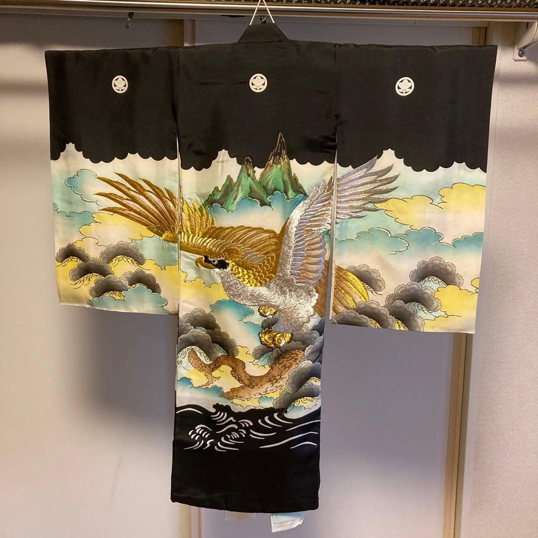 七五三　日本製　羽二重　宮参り　3点セット　5歳用　家紋あり