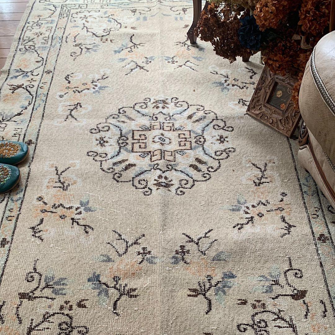 シノワズリ218×117 トルコヴィンテージラグ　ベージュ　オレンジ　トルコラグ