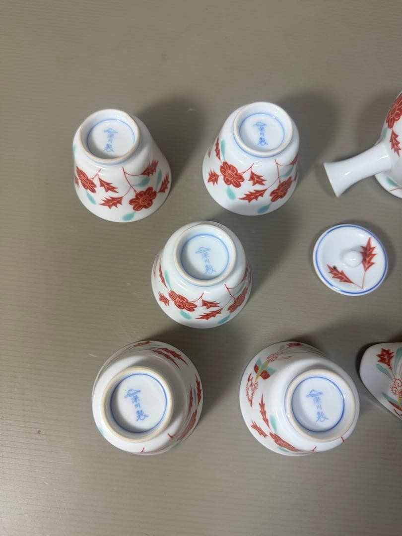 2171 深川製磁　赤絵花草　茶器セット　急須1客　湯冷し1客　湯呑5客