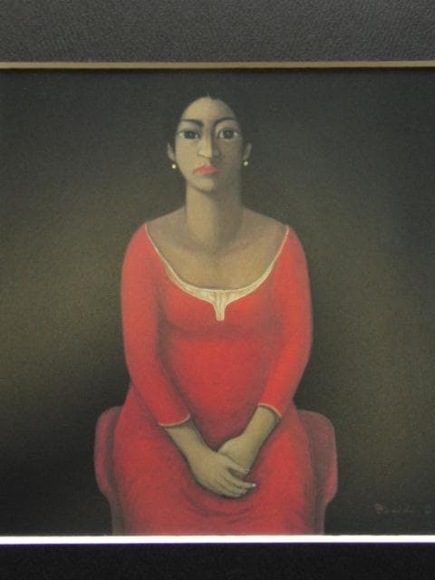 岡田肇彦、赤い服、希少画集画、新品高級額・額装付、状態良好