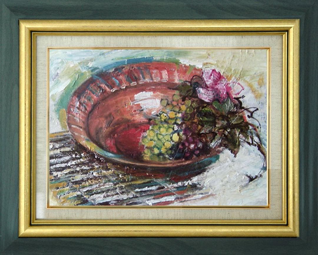 油絵 菅家令子絵 絵画インテリア額付(青緑＋金色の枠)F4-110502フルーツ