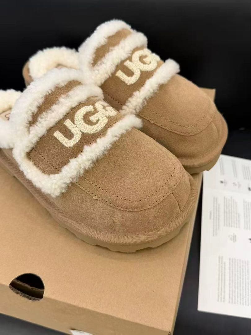 UGG スリッパ 平底 ムートン ファー スエード ベージュ レディース 37