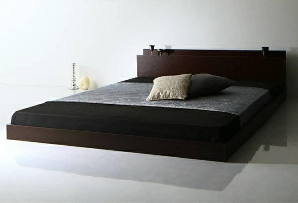 ダブル 棚コンセント付き シンプルモダンフロアベッド ダークブラウン