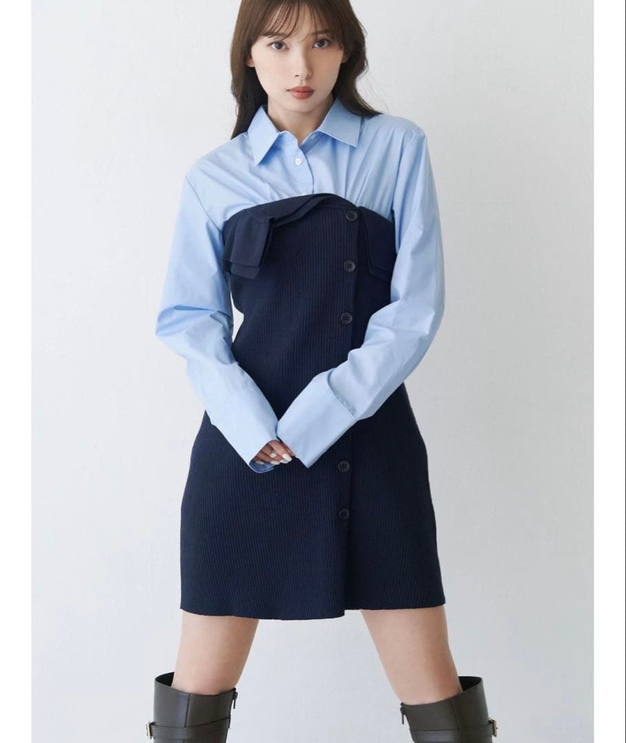 MERCURYDUOシャツレイヤード風ニットドッキングミニワンピース