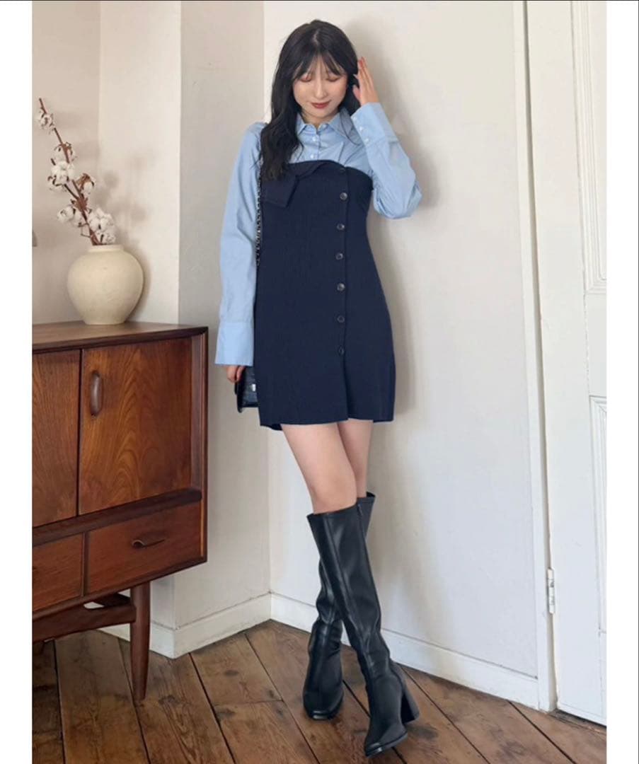 MERCURYDUOシャツレイヤード風ニットドッキングミニワンピース