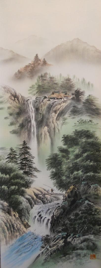 掛け軸 小川香月 『 山紫瀑景図 』 絹本 希少 軸装 茶道具 掛軸 美品 です