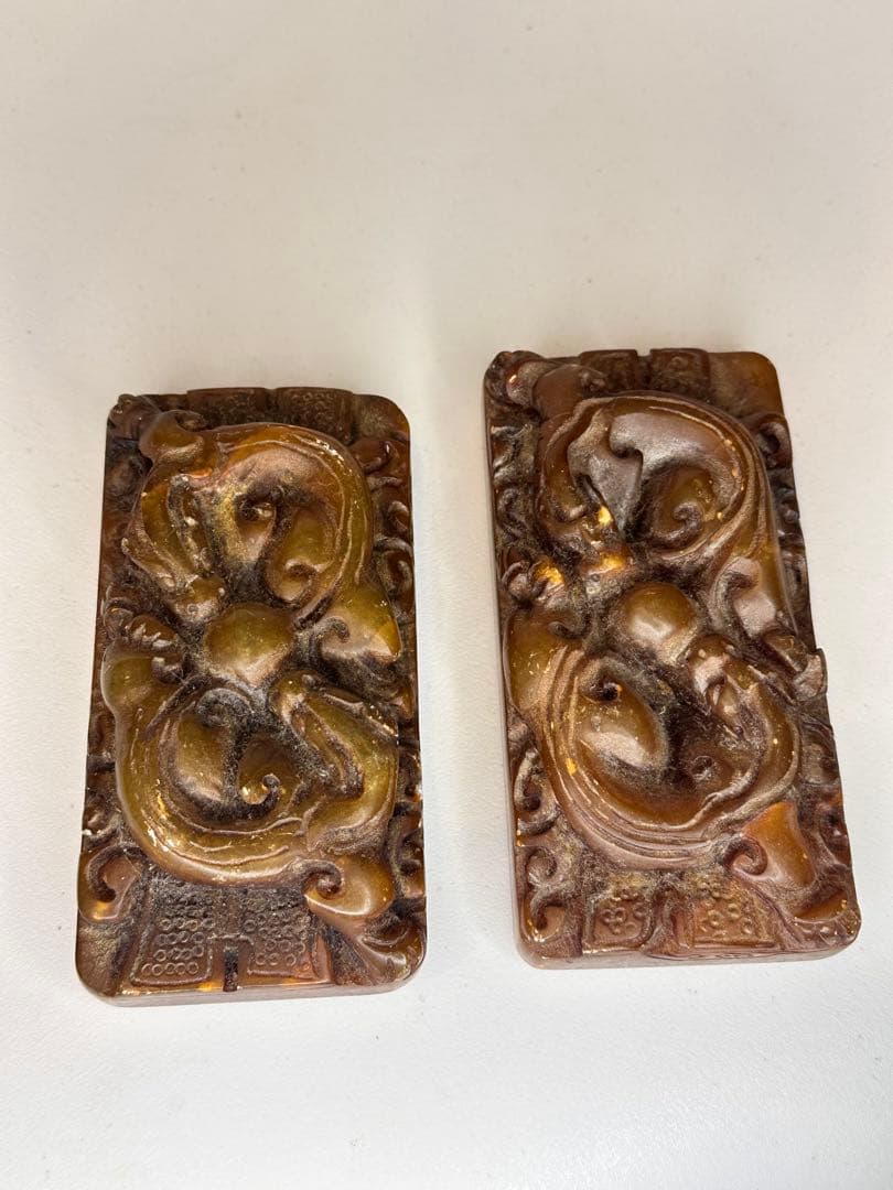 AC田黄石寿山石 龍紋彫刻 印章 大サイズ 二点セット 中国古美術 时代物