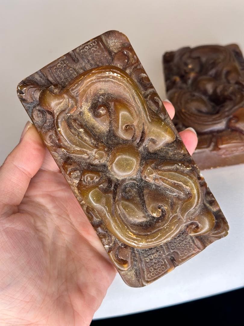 AC田黄石寿山石 龍紋彫刻 印章 大サイズ 二点セット 中国古美術 时代物