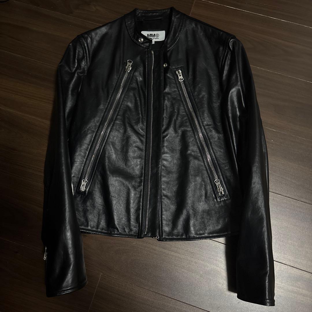 【38】MM6 メゾンマルジェラ ハの字 レザー ライダース ジャケット 黒
