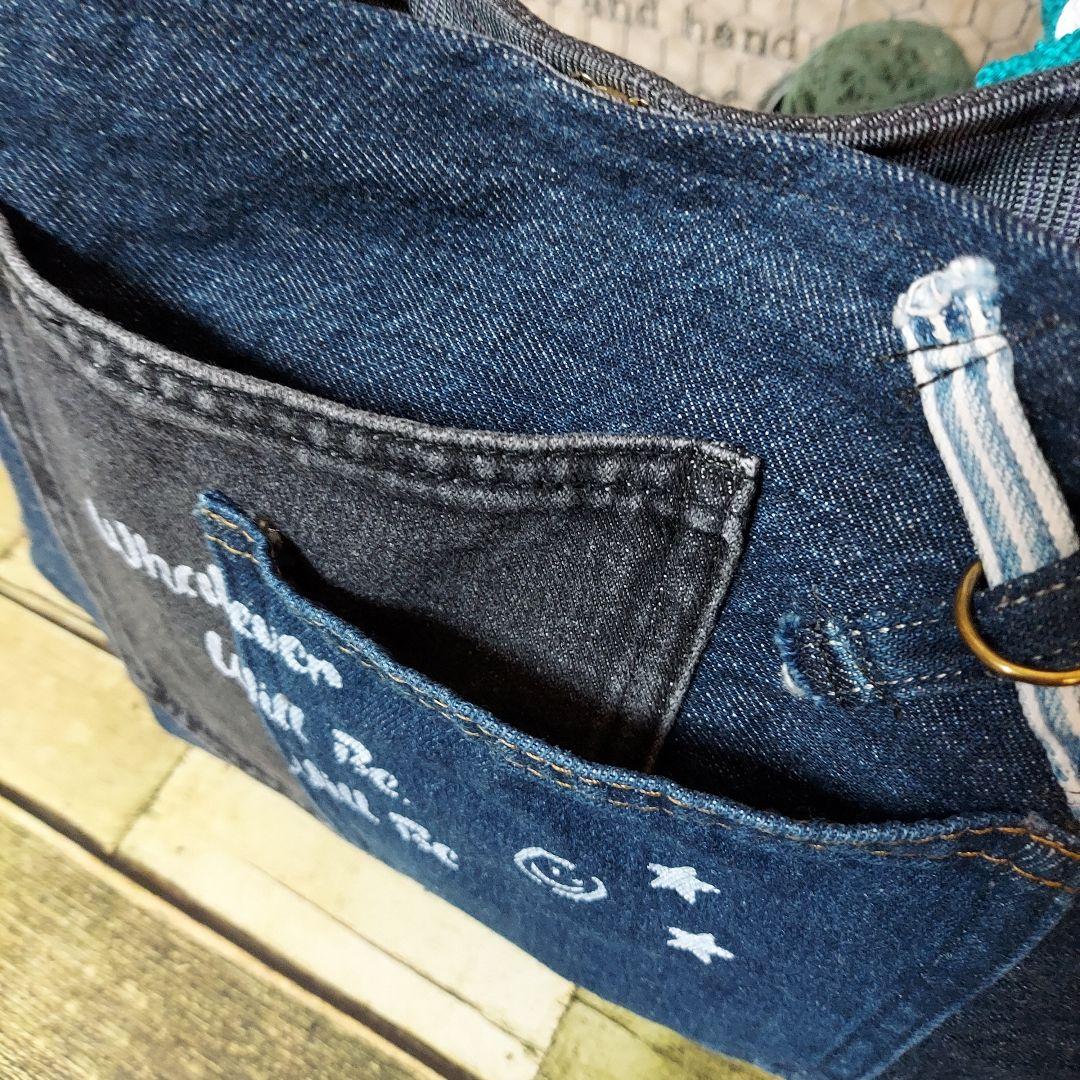 刺繍デニムバック　No.668　デニムリメイク　刺繍バック　チューリップバック