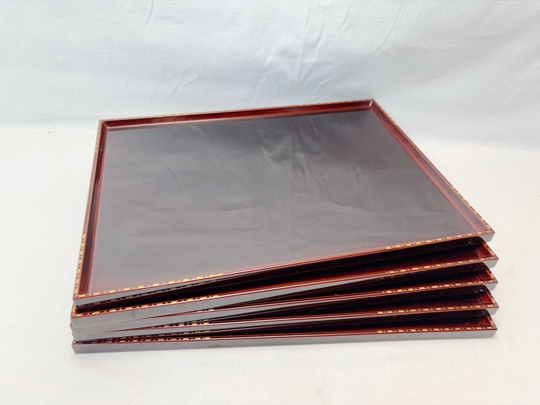 懐石道具 木製溜塗 金彩蒔絵 長方膳 5客組 会席膳 懐石盆 銘々盆 元箱