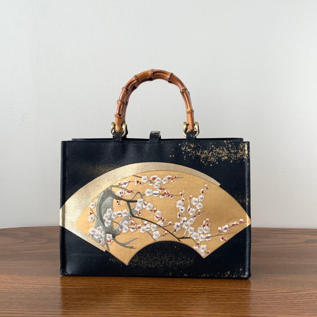 きらめく扇面に刺繍の白梅　袋帯　リメイク　バンブーハンドルバッグ　浅型マチ広め