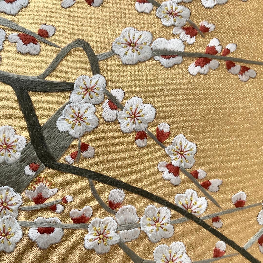 きらめく扇面に刺繍の白梅　袋帯　リメイク　バンブーハンドルバッグ　浅型マチ広め