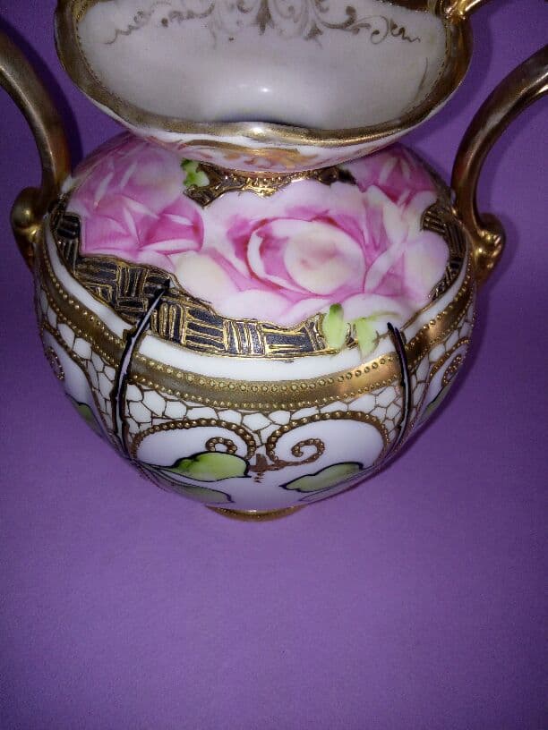 オールドノリタケ メイプルリーフ 金盛り バラ絵 ウィー ン世紀末 花瓶