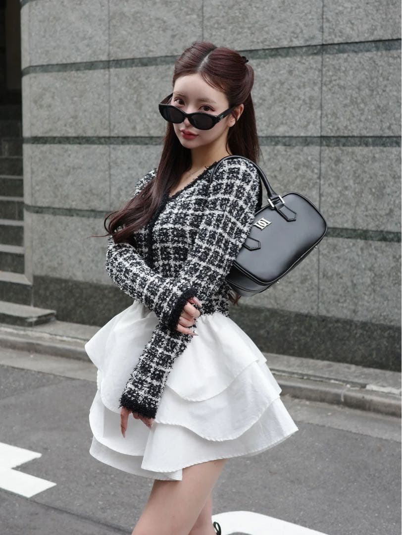 【Darich】ボリュームフリルツイードニットミニワンピース