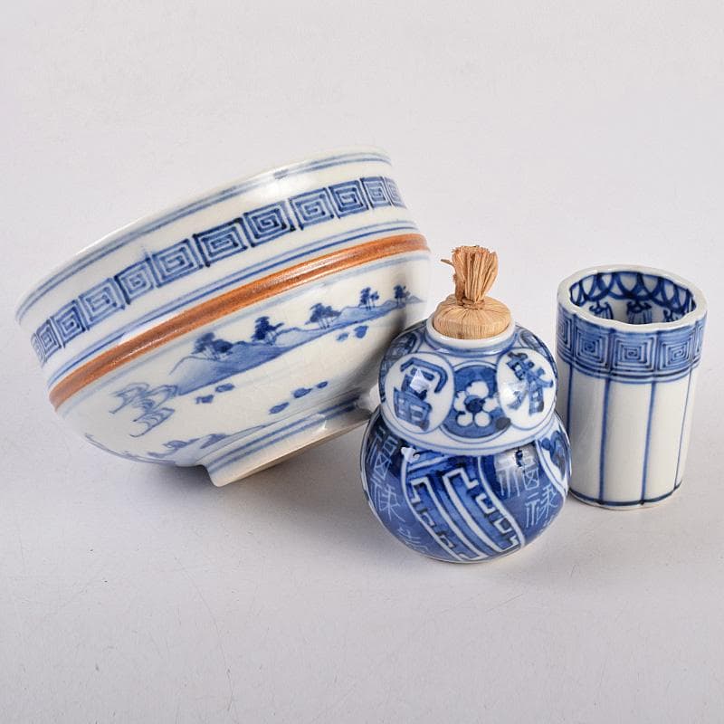 美子銘　扇蒔絵　茶箱　五良太甫呉祥瑞造　染付　振出など　十一点　M　R9008