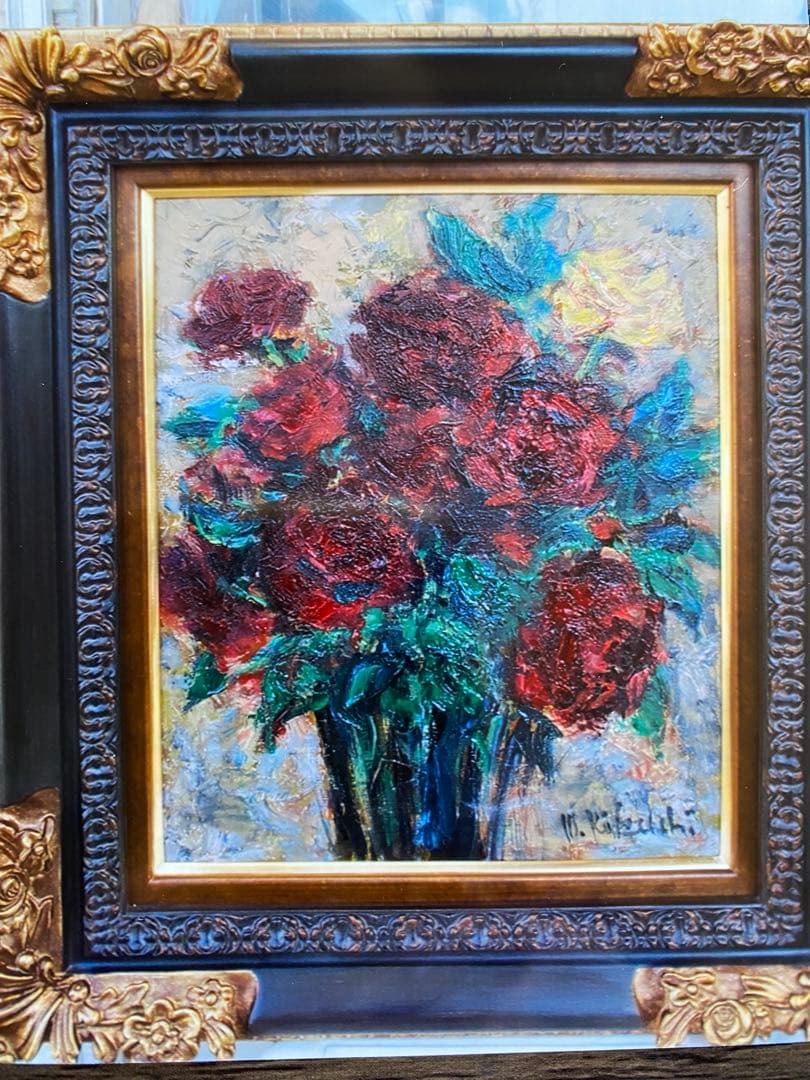 菊地正則　「ばら」(黒真珠 )を描いた油彩画　油絵パリ真作ゴージャス　美しい青！