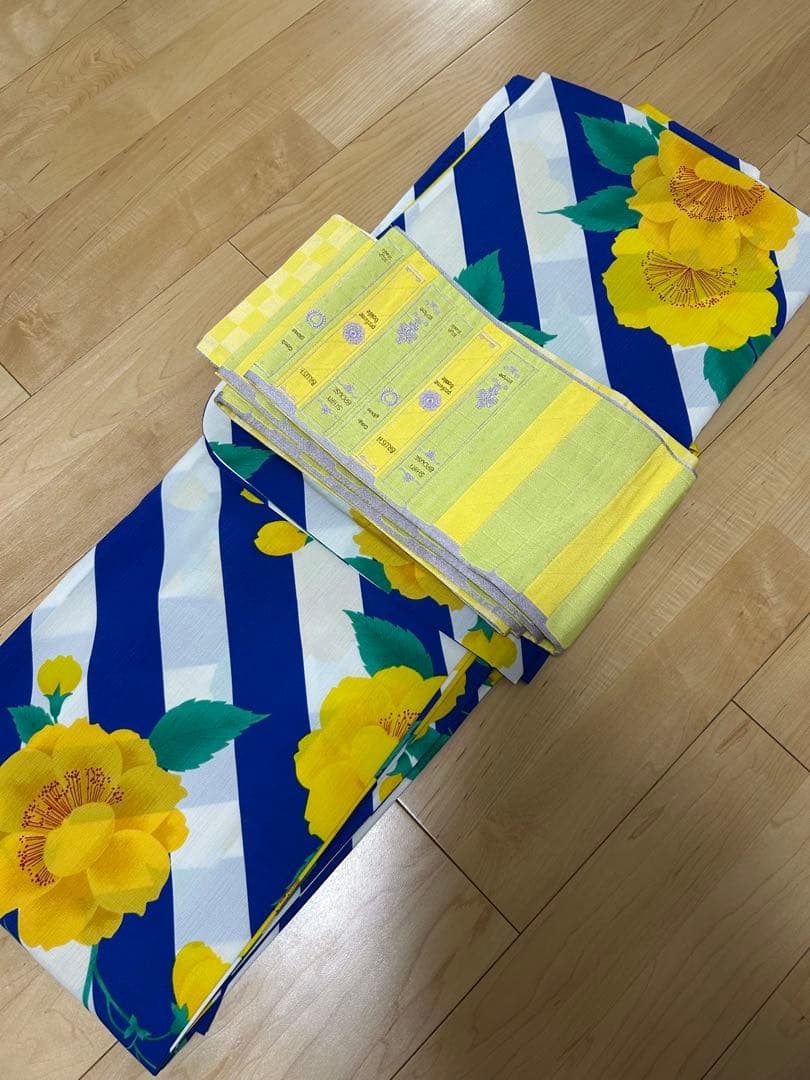 浴衣単品　撫松庵　花柄　青　白　ストライプ　黄色　セオアルファ　単衣