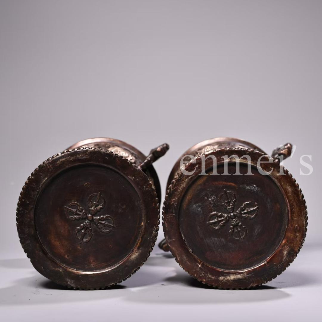 中国古美術・錾刻鎏銀 吉祥八宝鳳耳香炉セット・純銅製・高浮彫・熏香爐・仏具・置物