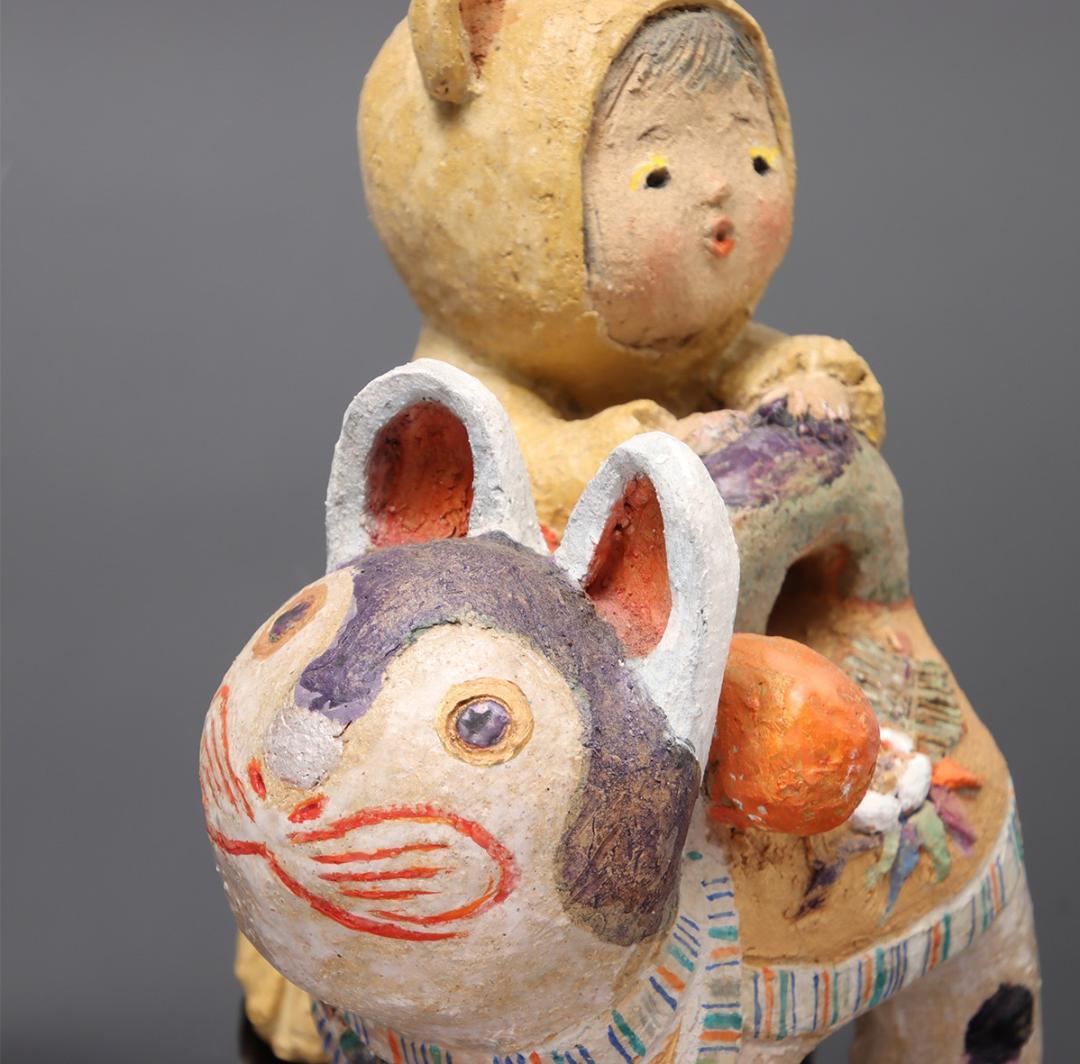 林義雄 作『犬張子と子供』箱無 童塑 陶人形 ＹＯＳＨＩＯ Ｈ 童画家 絵本画家