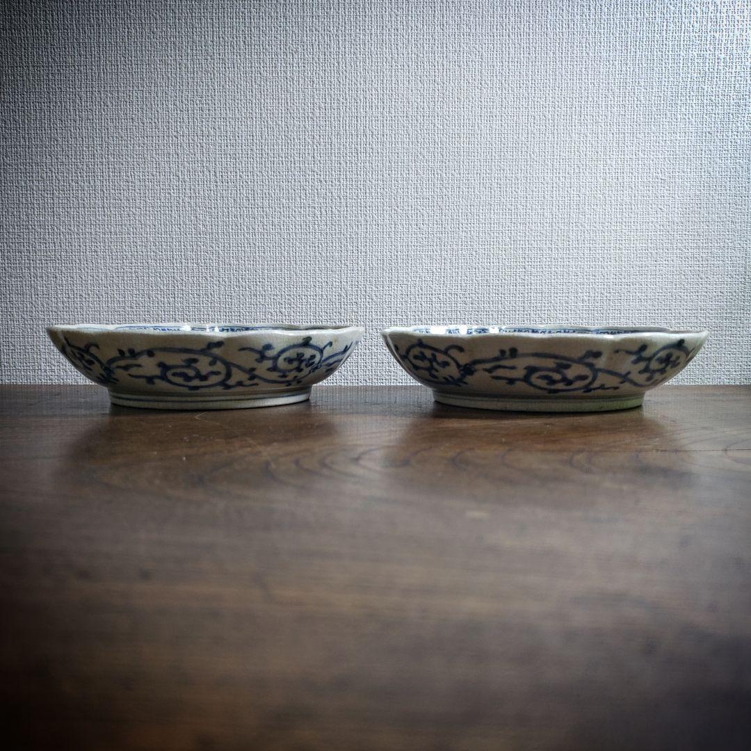 なます皿　染付　微塵唐草　富貴長春　古伊万里　　二枚　貫入　江戸　松竹梅　ロ号