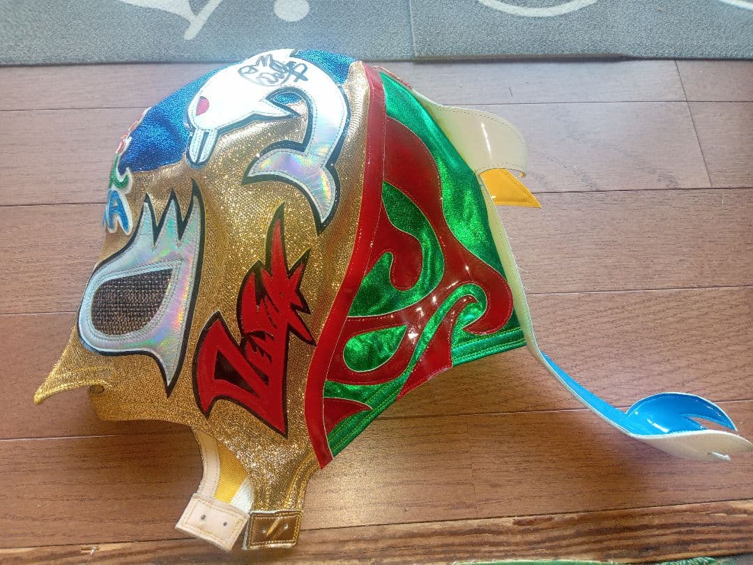 値下げ！スペルデルフィン大阪プロレスロゴサイン入り試合用マスク 金ラメ×青ラメ