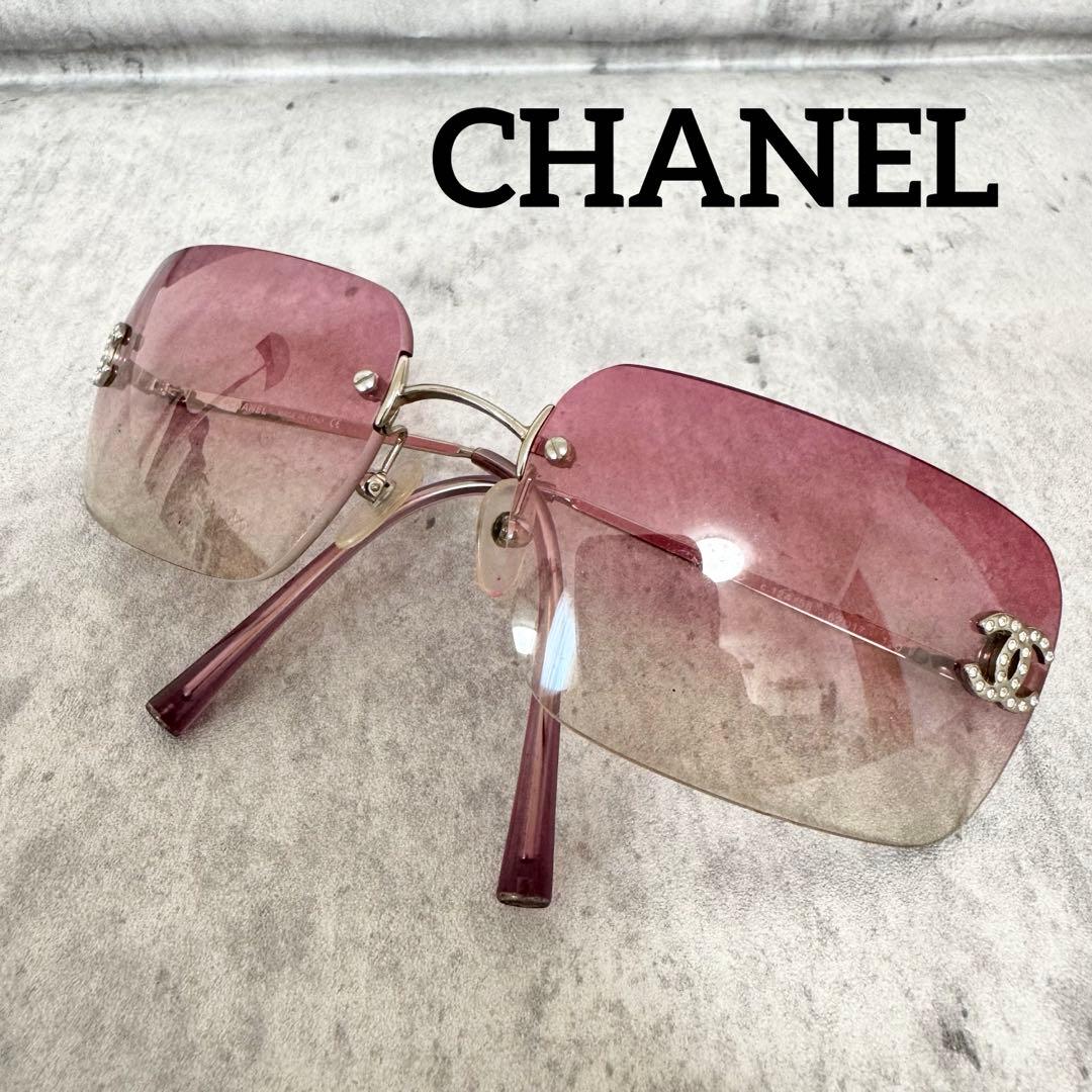 CHANEL シャネル サングラス リムレス ココマーク ラインストーン ピンク