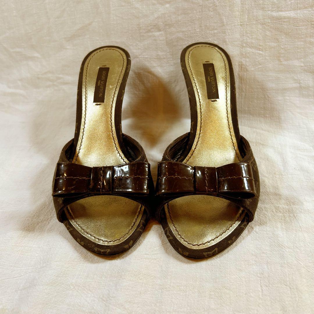 ルイヴィトン　リボン付きブラウンレザー ミュール　即日発送　23cm