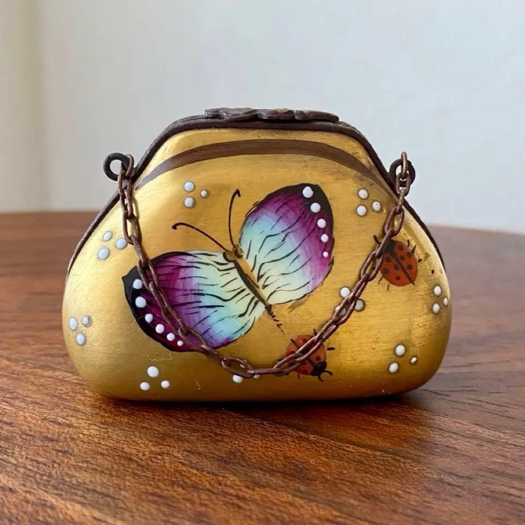 フランス製 ヴィンテージ リモージュボックス バッグ 蝶 てんとう虫 手描 金彩