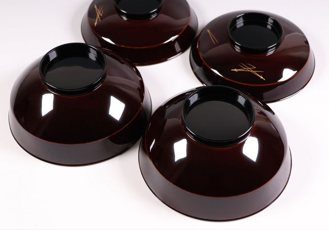 【CM376】大正期 月と松 飛翔鶴 金蒔絵 欅地溜塗 黒塗 椀二客 木製漆器