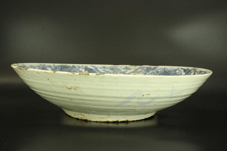 中国美術 青花 呉須 古染付 帆船図 大皿 φ47cm 明 貿易船(LC647)