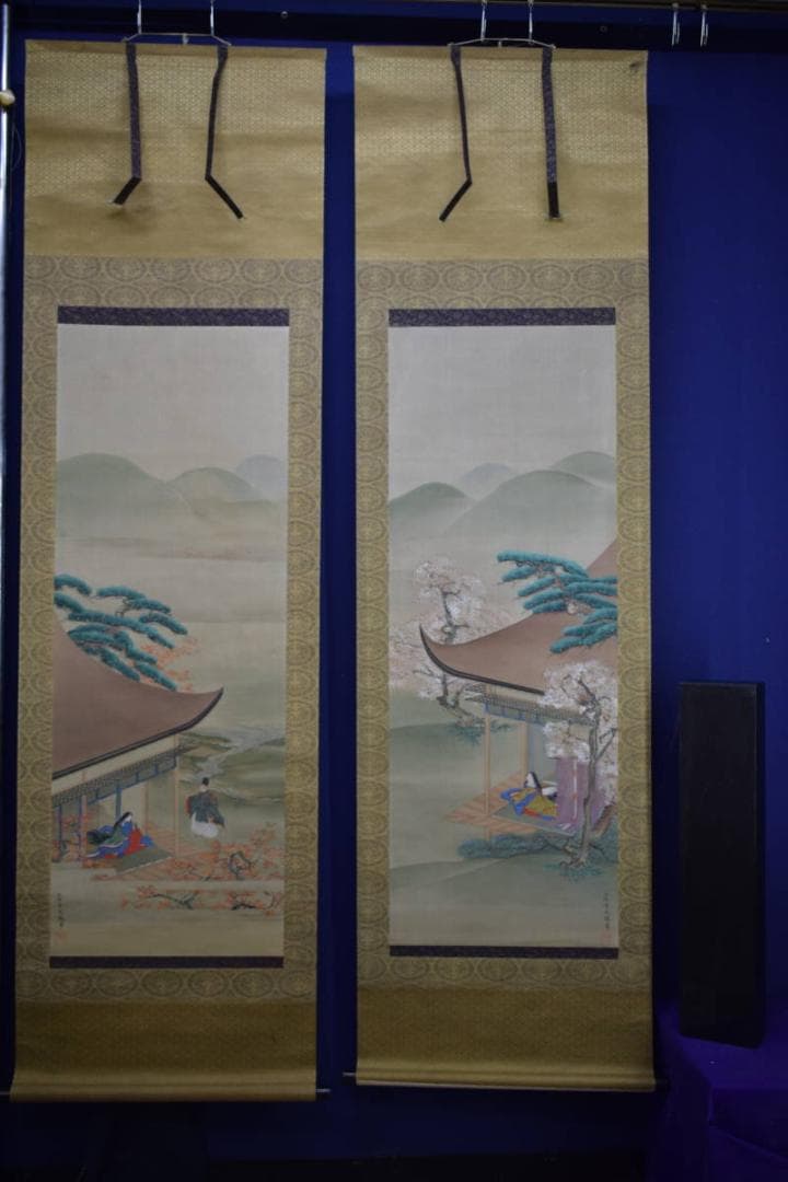 /土佐光起/大和絵/人物図/桜花/紅葉/双幅/杉塗箱付/布袋屋掛軸HJ-474