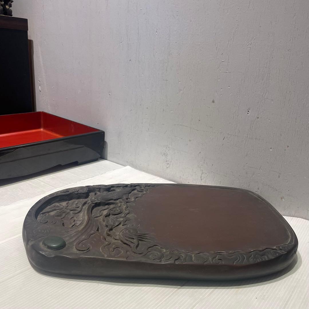 書道具 中国美術 古硯　龍彫刻大型硯 工芸 骨董品 インテリア コレクション