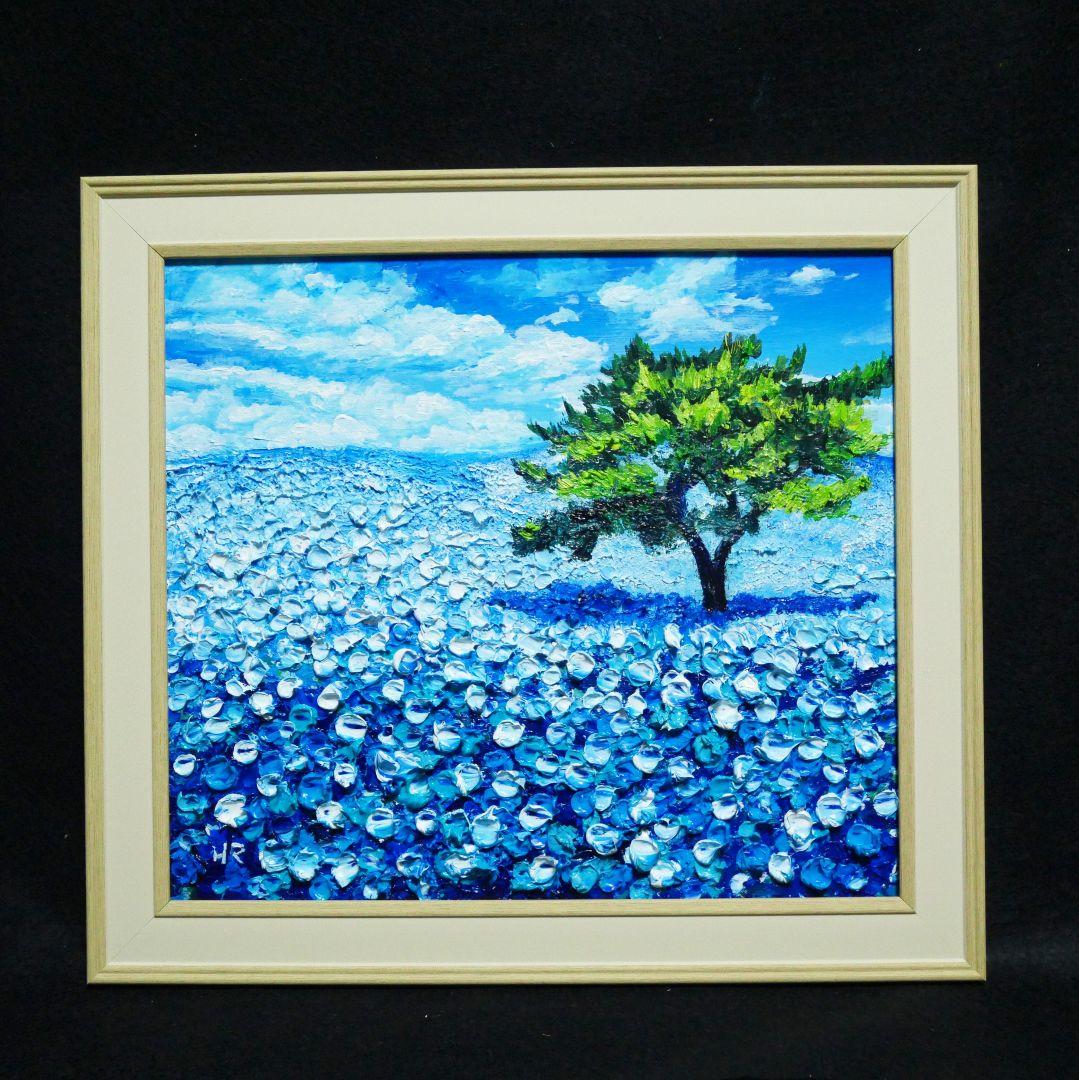 油絵 ネモフィラ畑【色紙】