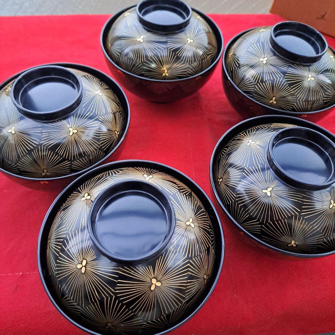 【輪島塗　御吸物椀×5客】布着本堅地　亀甲松\"沈金　長期保管品