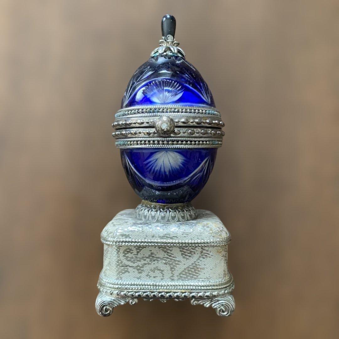 アンティーク⭐️コバルトブルー切子ガラス⭐️オルゴール付きリングケース⭐️蔵保管