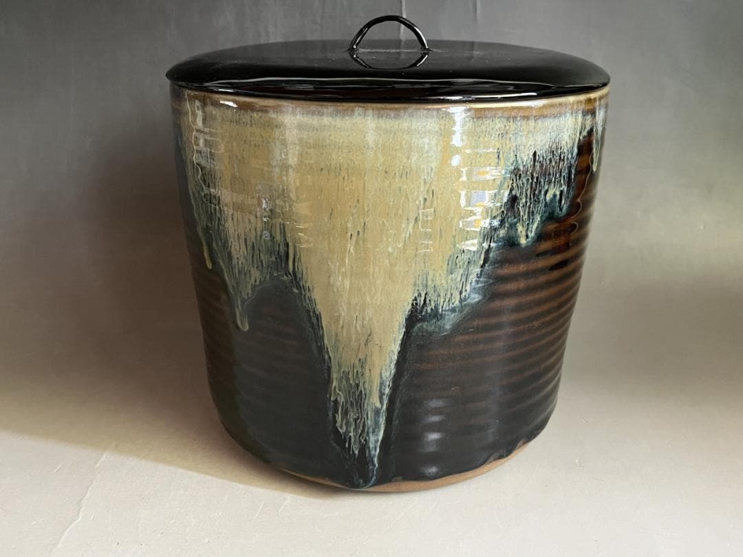 水指■高取焼 八仙窯 漆器蓋 涙紺 遠州七窯 塗蓋 直し有 飴釉 時代物 骨董■