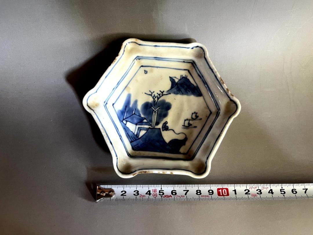 皿■古伊万里染付山水人物六角形皿 江戸期 古染 輪花 古美術 時代物 骨董品■