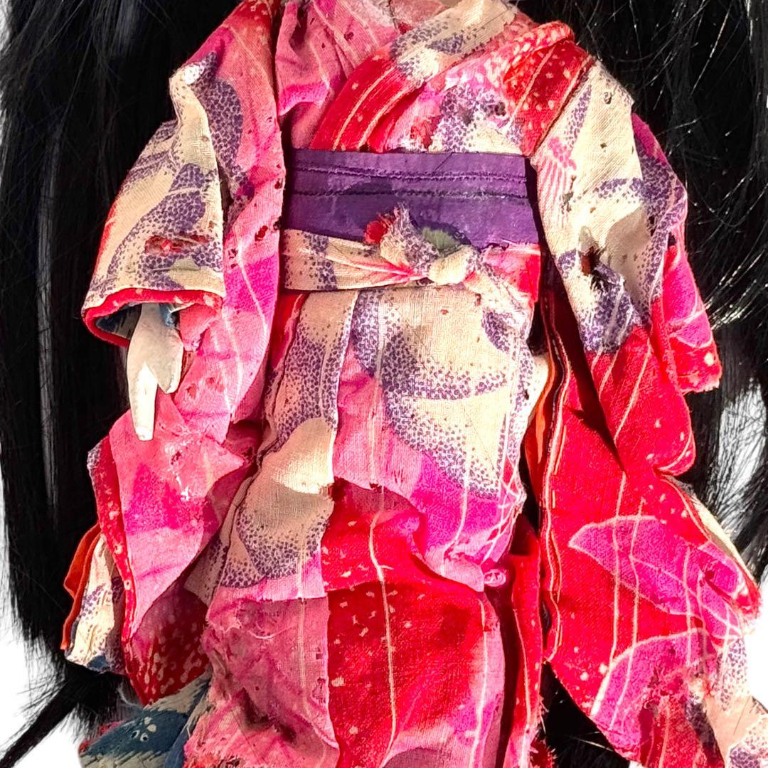 市松人形 明治後期 市印 朱印 三つ折れ 単色黒目 ガラス目 縮緬 1890年代