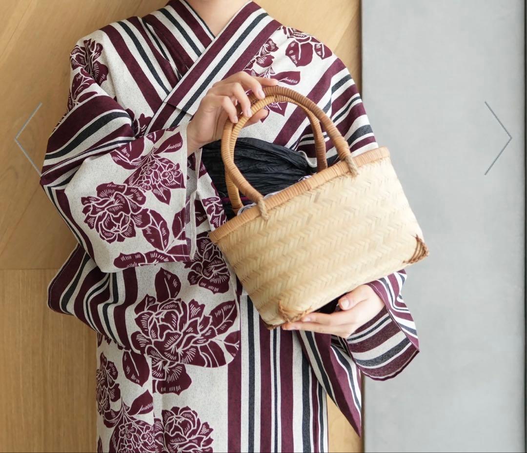 ニコアンティーク 高級変わり織 浴衣3点セット 大正浪漫えんじ縞と牡丹の染分け