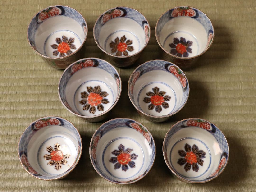 【CM56】古伊万里 色絵 小鉢 向付 八客 人物 青海波 唐草 牡丹 錦手