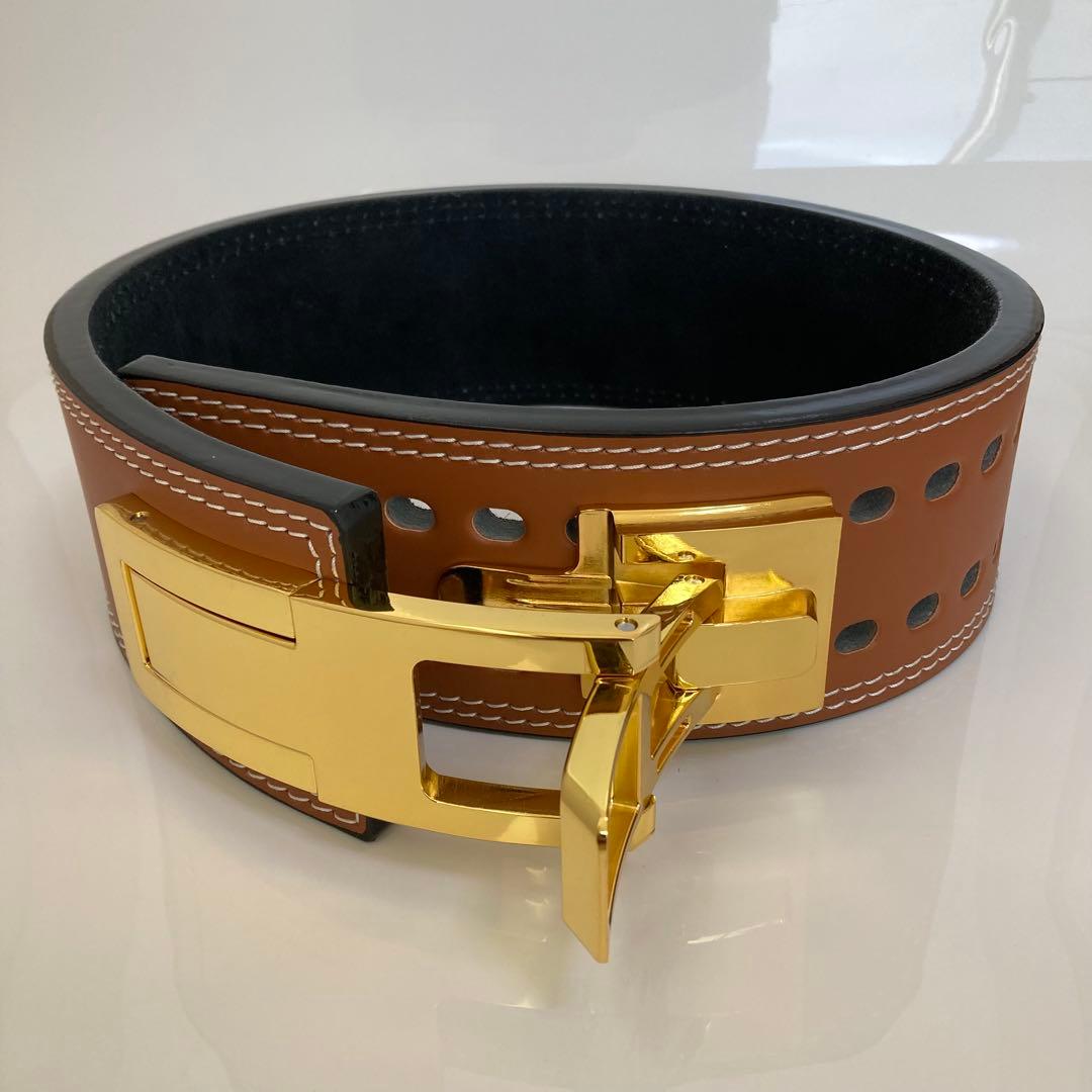 パワーベルト レバーアクション ワンタッチ可変式 M ブラウン×ゴールド 本革