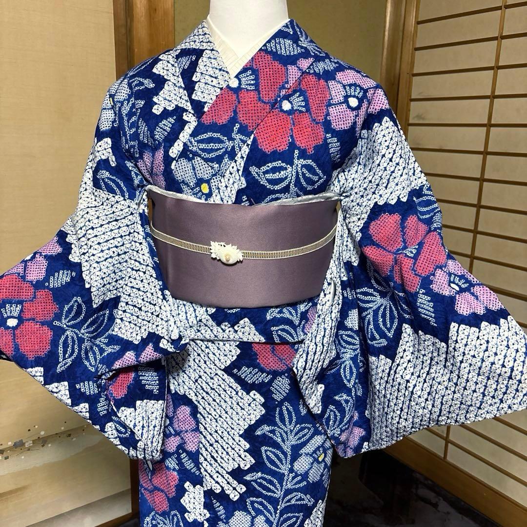 紺碧 有松鳴海絞り浴衣フルセット5点 美品 高級感◎ 裄丈長め　裄73 ゆったり