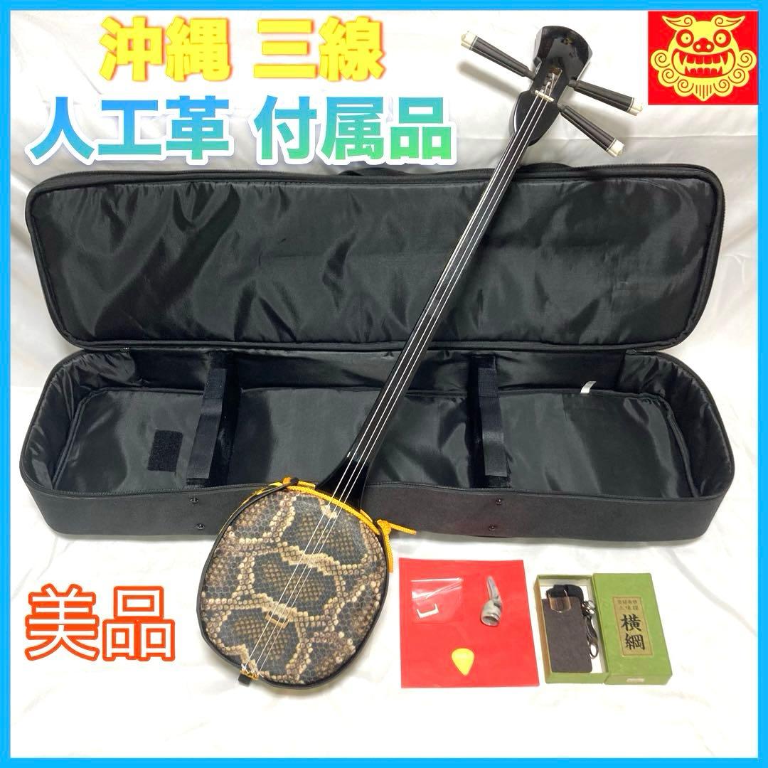 【美品】三線 沖縄 初心者 人工皮 ソフトケース 蛇革 蛇皮 付属品 和楽器