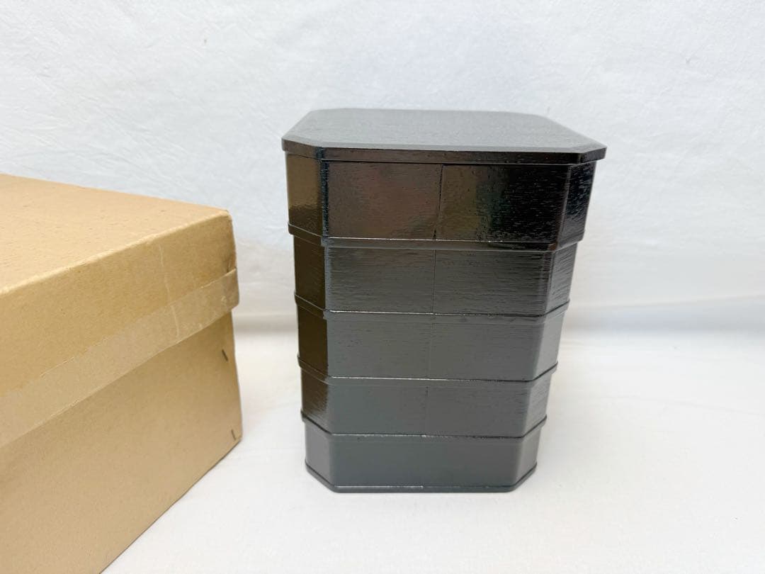 ほぼ未使用 茶道具 木製 柿合黒塗 5段縁高重 元箱