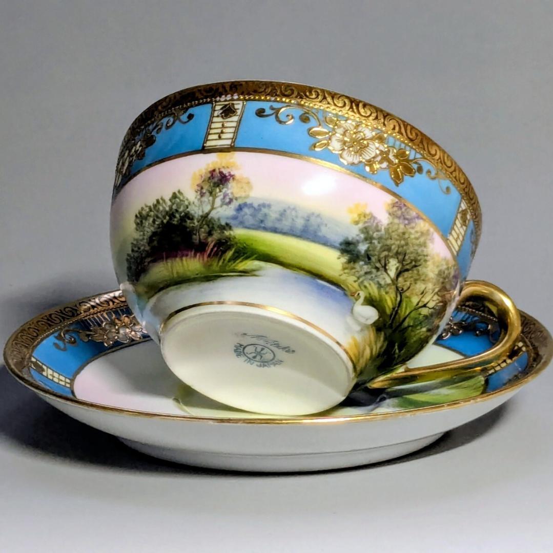 オールドノリタケ カップ＆ソーサー　金彩金盛上湖畔風景白鳥図 　　有名パターン