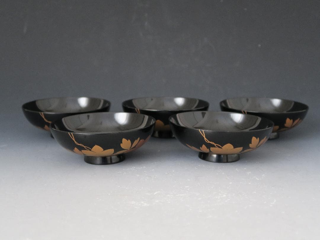 【輪島塗】鉄仙蒔絵 吸物椀 黒塗 五客揃 天然木 共箱