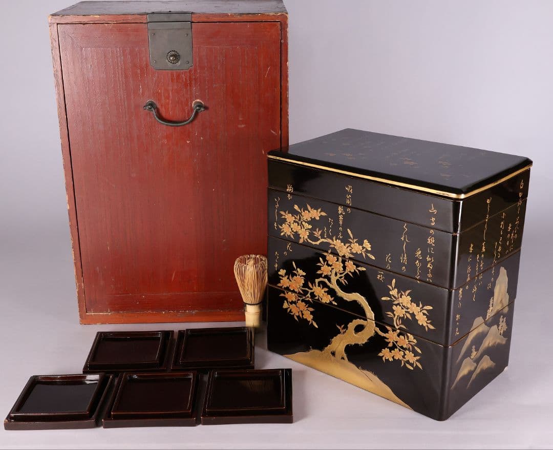 漆芸時代 蒔絵野弁当 四段重箱 草花 金蒔絵 木皿 木製漆器 詩歌【MA695】
