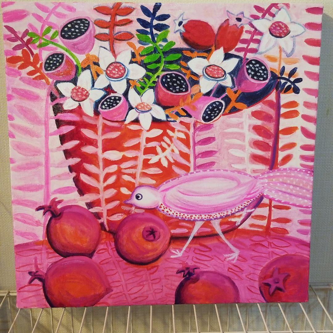 油絵　はち　小鳥さんのかくれんぼ　その2 見つけようとする鳥